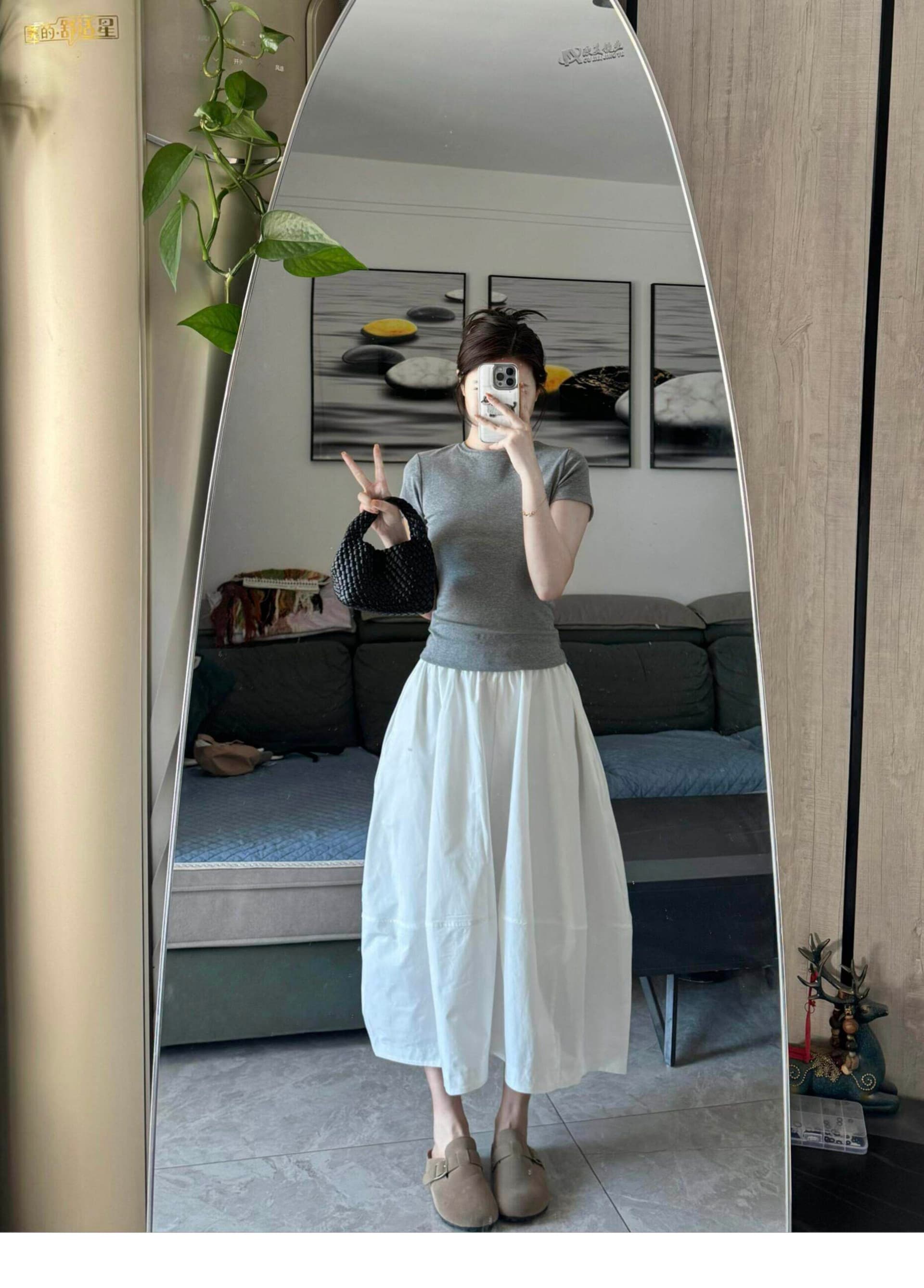 한 부서 느슨함 센스 캐주얼 스포츠 슈트 여성 여름 미니멀리즘 몸매 가꾸기 반팔 티셔츠 한 마디 반신 롱 스커트 투피스 세트 상세 이미지 7