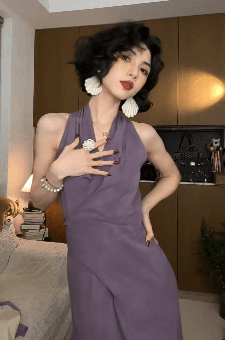 보라색 행침 목 여성 드레스 2026 여름 새로운 허리 수축 슬림해 보이는 품격 민소매 롱 스커트 이미지 4