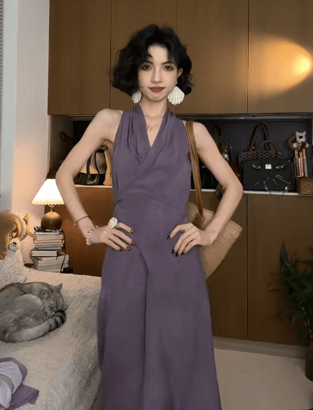 보라색 행침 목 여성 드레스 2026 여름 새로운 허리 수축 슬림해 보이는 품격 민소매 롱 스커트 상세 이미지 3