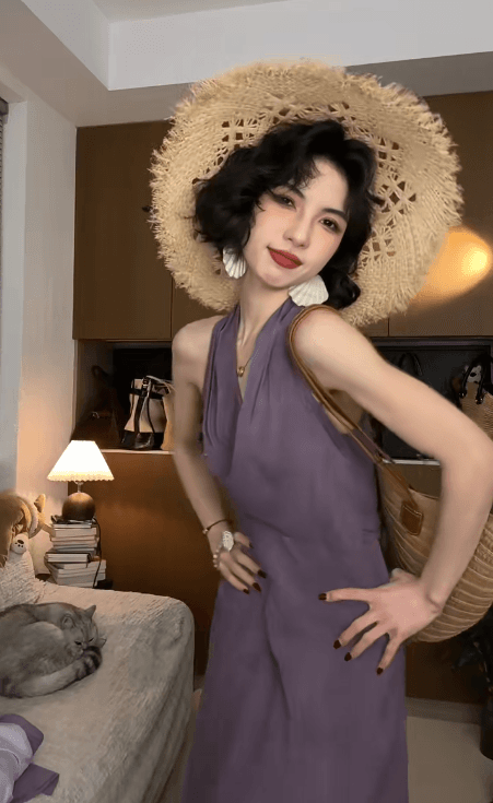 보라색 행침 목 여성 드레스 2026 여름 새로운 허리 수축 슬림해 보이는 품격 민소매 롱 스커트 상세 이미지 6