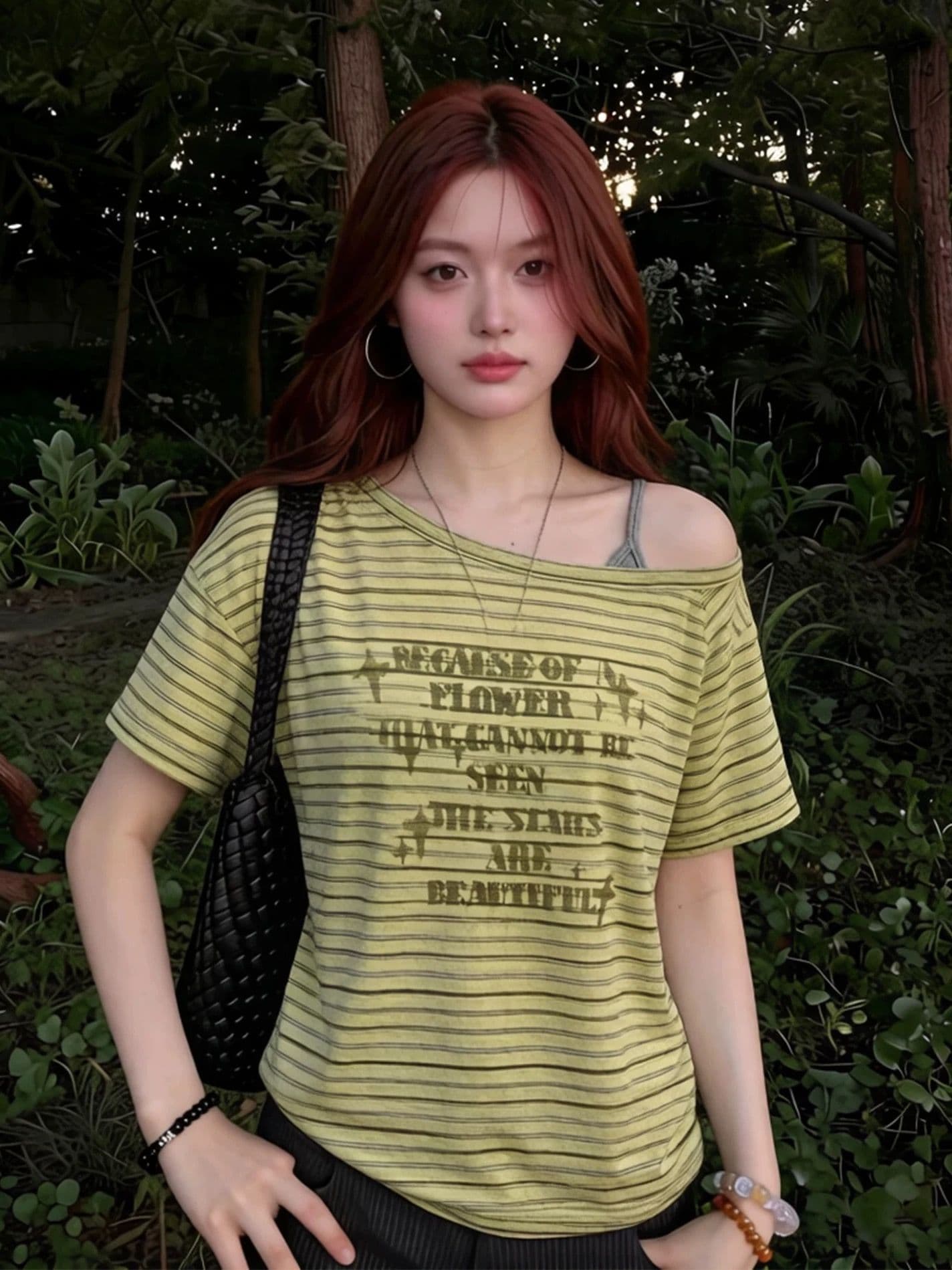 녹색 스트라이프 비스듬한 어깨 반팔 티셔츠 여성 의류 여름 다용도 루즈핏 슬림해 보이는 맨위 상세 이미지 6