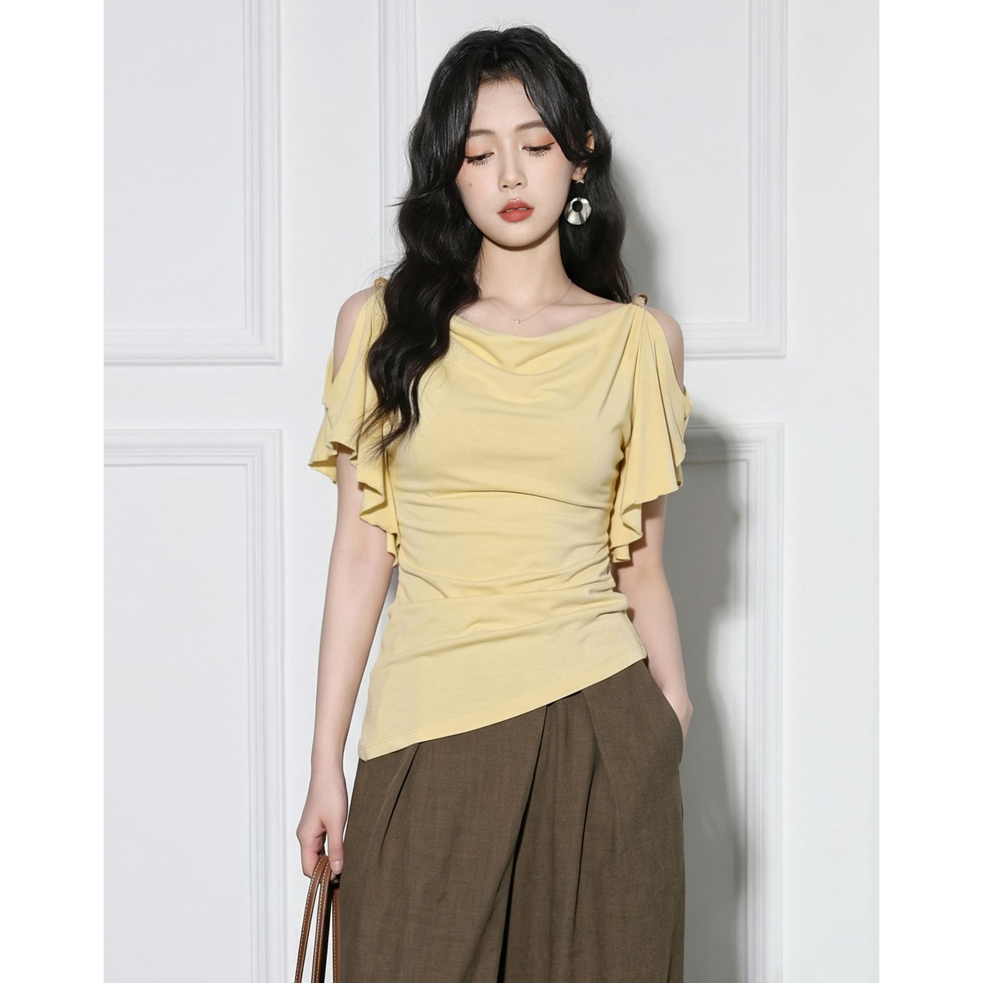 녹색 스트라이프 비스듬한 어깨 반팔 티셔츠 여성 의류 여름 다용도 루즈핏 슬림해 보이는 맨위