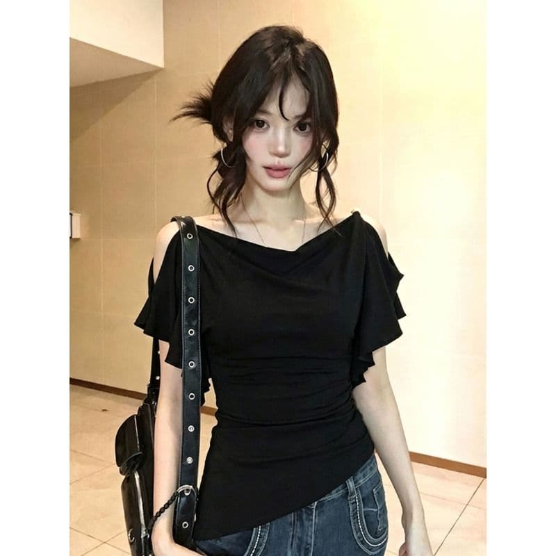 녹색 스트라이프 비스듬한 어깨 반팔 티셔츠 여성 의류 여름 다용도 루즈핏 슬림해 보이는 맨위 상세 이미지 8
