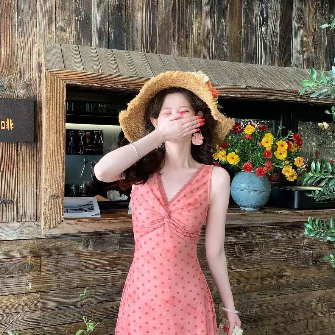 보르도 운동 프랑스식 도트 무늬 여성 드레스 봄 여름 새로운 핑크색 몸매 가꾸기 여름 롱 스커트 이미지 4