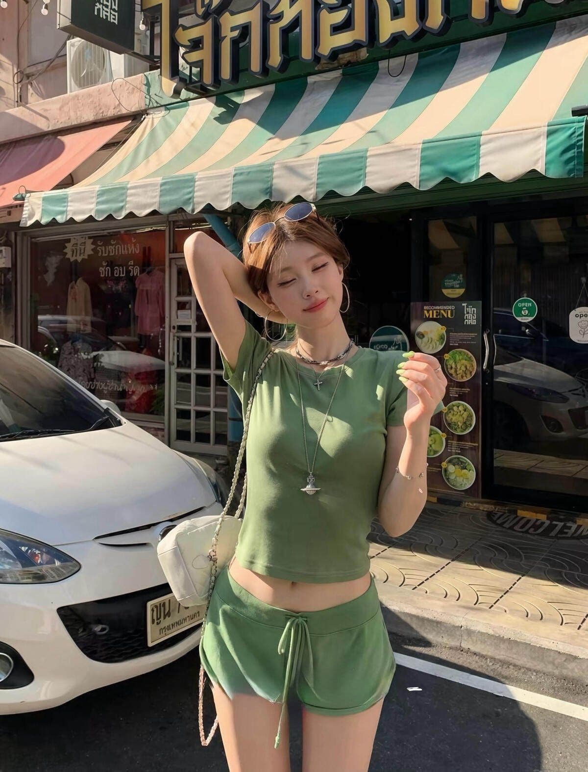 원본 원단 40s 좋은 면 원본 솜씨 도파민 순수한 욕망 몸매 가꾸기 반팔 맨위 반바지 두 조각 여성 세트 여름 상세 이미지 2