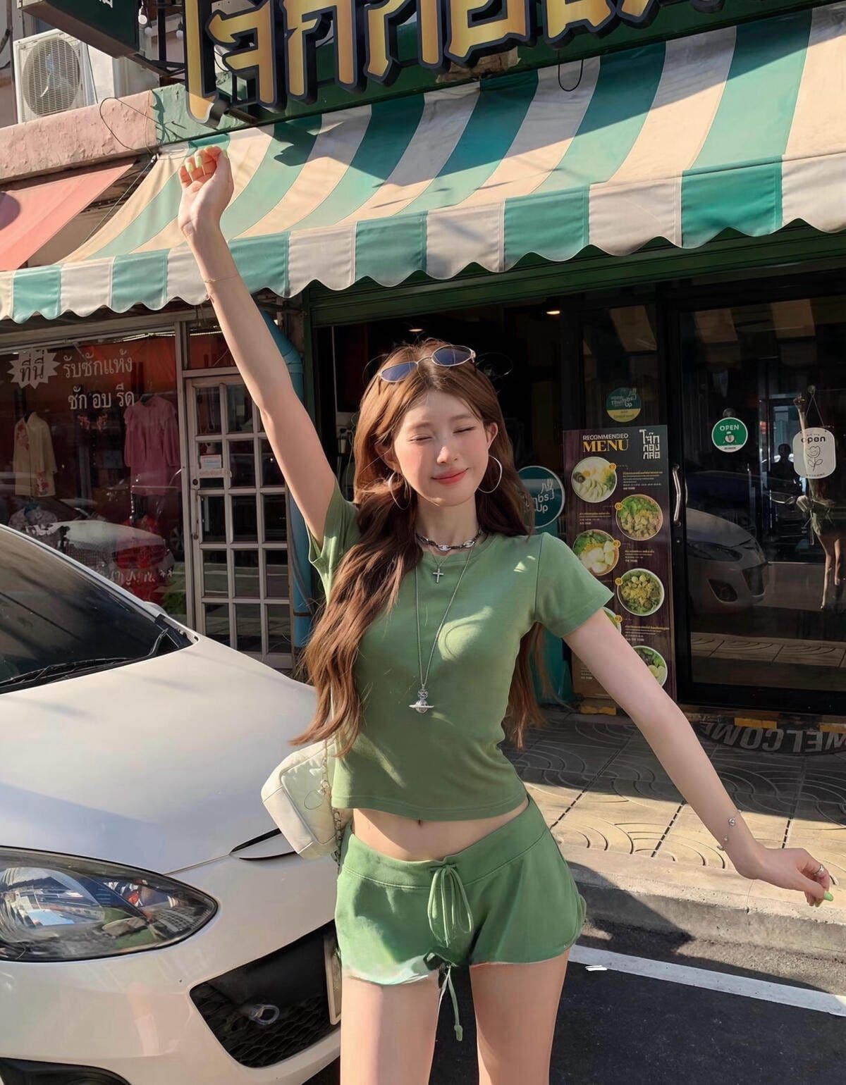 원본 원단 40s 좋은 면 원본 솜씨 도파민 순수한 욕망 몸매 가꾸기 반팔 맨위 반바지 두 조각 여성 세트 여름 상세 이미지 4