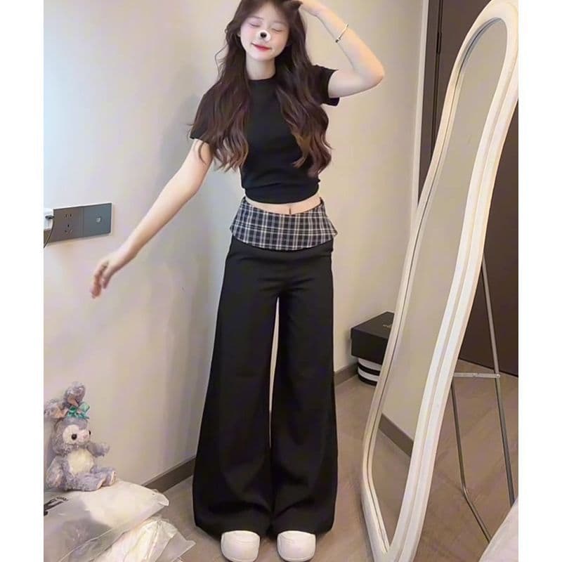 핫걸 여름 패션 2026 아메리칸 몸매 가꾸기 반팔 맨위 패치워크 체크무늬 와이드 레그 팬츠 투피스 세트 이미지 2