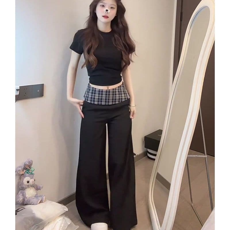 핫걸 여름 패션 2026 아메리칸 몸매 가꾸기 반팔 맨위 패치워크 체크무늬 와이드 레그 팬츠 투피스 세트 이미지 4