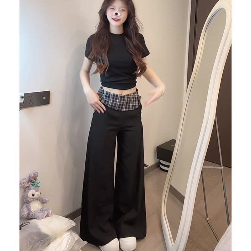 핫걸 여름 패션 2026 아메리칸 몸매 가꾸기 반팔 맨위 패치워크 체크무늬 와이드 레그 팬츠 투피스 세트 상세 이미지 4