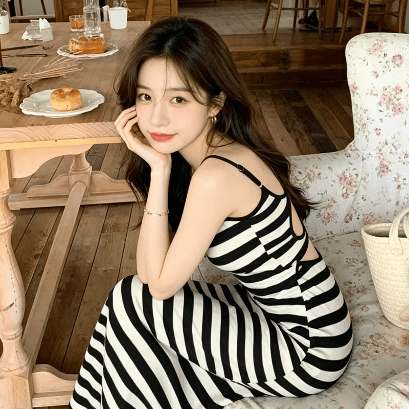 배색 스트라이프 작은 심장 기계 섹시함 슬립 드레스 대 백리스 하이웨이스트 품격 수리 뒤에 트임 슬림해 보이는 롱 스커트 상세 이미지 2