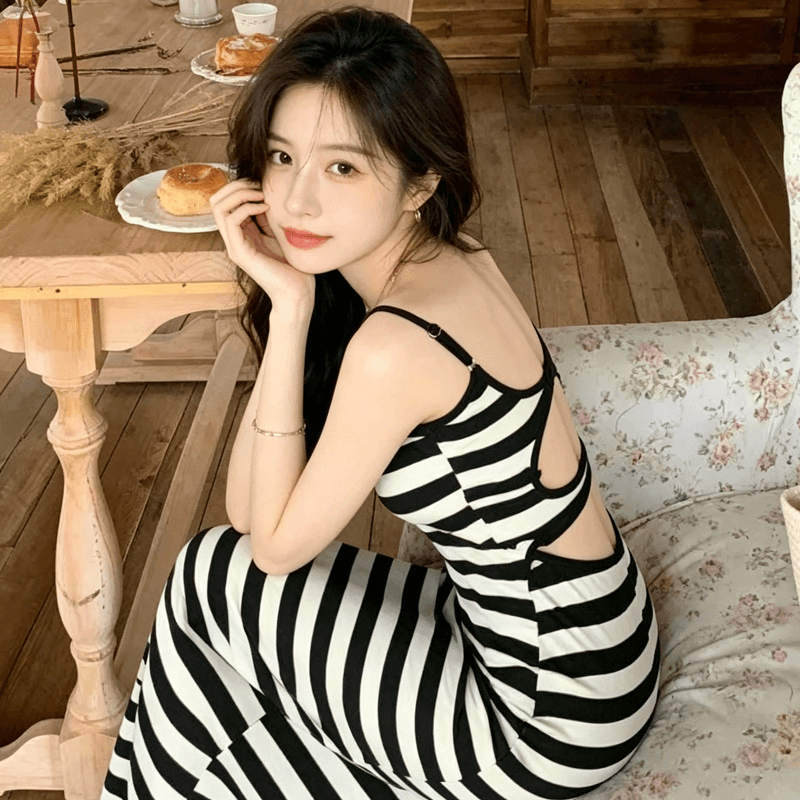 배색 스트라이프 작은 심장 기계 섹시함 슬립 드레스 대 백리스 하이웨이스트 품격 수리 뒤에 트임 슬림해 보이는 롱 스커트 상세 이미지 6