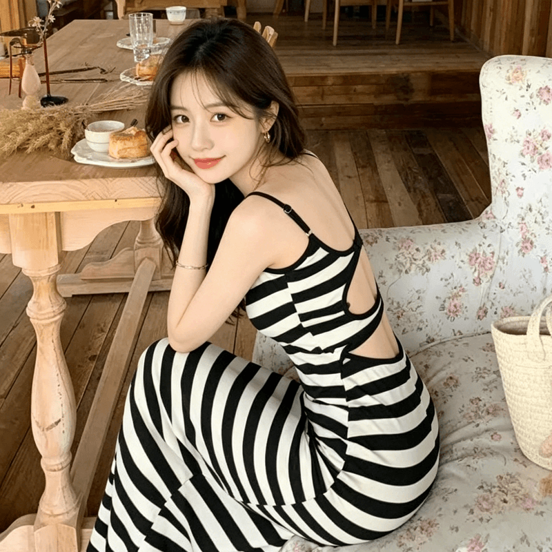 배색 스트라이프 작은 심장 기계 섹시함 슬립 드레스 대 백리스 하이웨이스트 품격 수리 뒤에 트임 슬림해 보이는 롱 스커트 상세 이미지 8