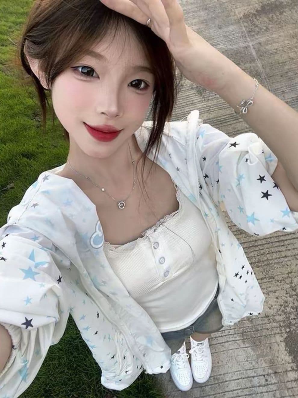 원본 솜씨 원본 원단 전체 인쇄 도트 무늬 지퍼 자외선 차단 외투 루즈핏 여성 이미지 4