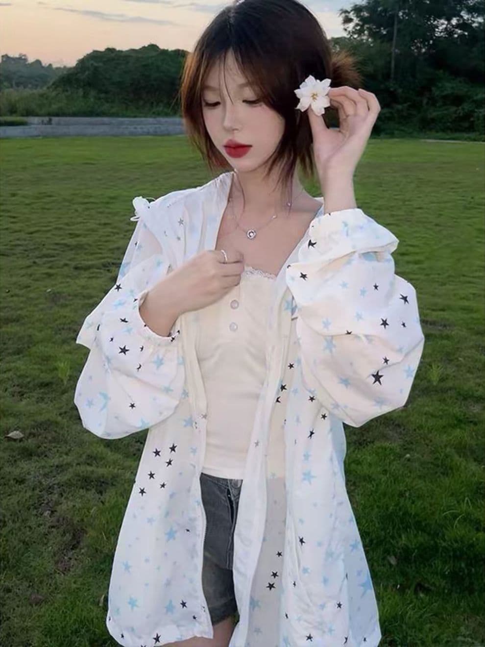 원본 솜씨 원본 원단 전체 인쇄 도트 무늬 지퍼 자외선 차단 외투 루즈핏 여성 상세 이미지 6