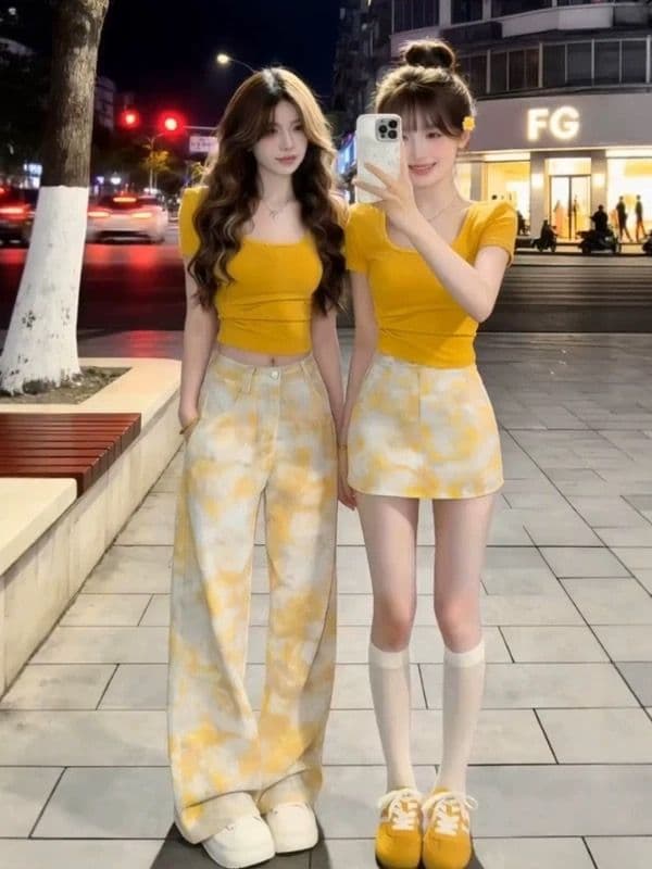 순수한 욕망 핫걸 품격 긍정적 인 어깨 황색 반팔 티셔츠 캐주얼 데님 미니 스커트 여성 의류 2026 여름 새로운 세트 상세 이미지 2