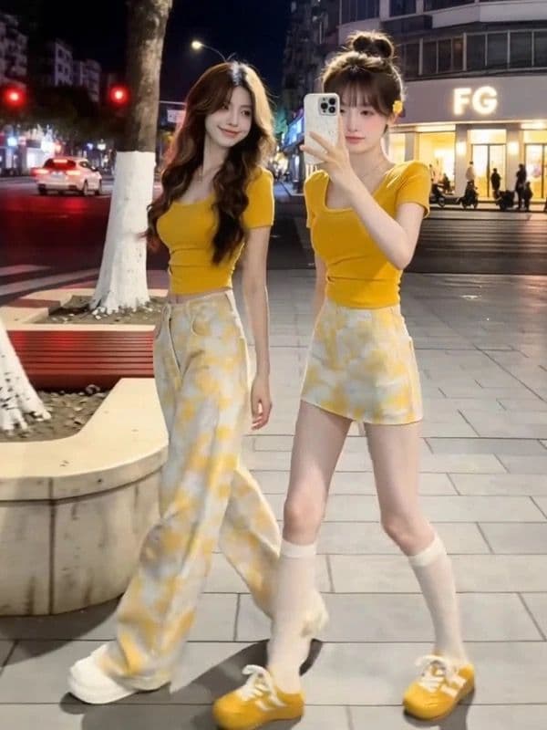 순수한 욕망 핫걸 품격 긍정적 인 어깨 황색 반팔 티셔츠 캐주얼 데님 미니 스커트 여성 의류 2026 여름 새로운 세트 상세 이미지 3