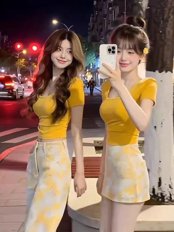 순수한 욕망 핫걸 품격 긍정적 인 어깨 황색 반팔 티셔츠 캐주얼 데님 미니 스커트 여성 의류 2026 여름 새로운 세트 상세 이미지 8