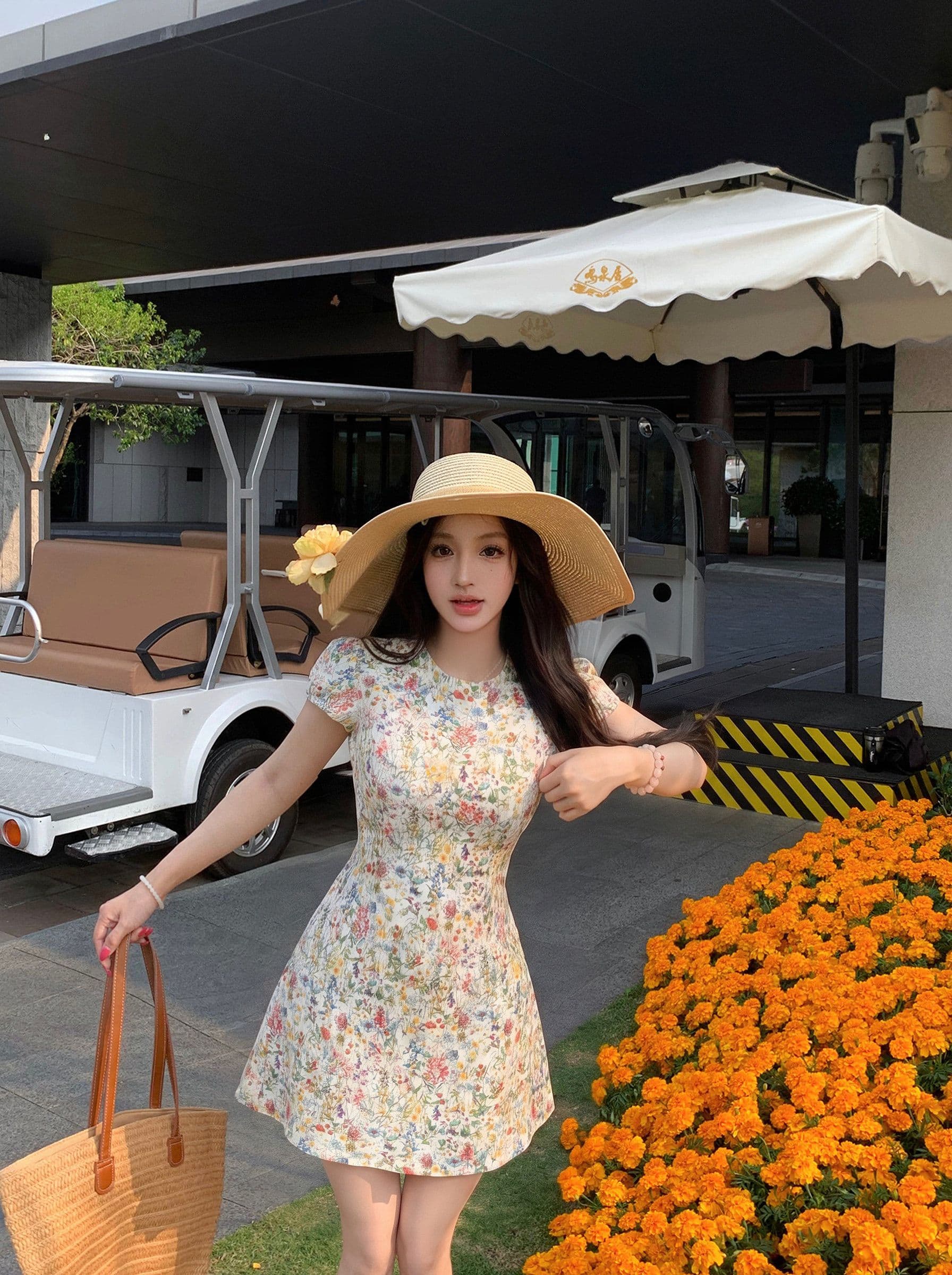 달콤한 스타일 레트로 꽃무늬 반팔 여성 드레스 여름 Chic 연령 감소 허리 수축 슬림해 보이는 미니 스커트 휴가 바람 치마 상세 이미지 4
