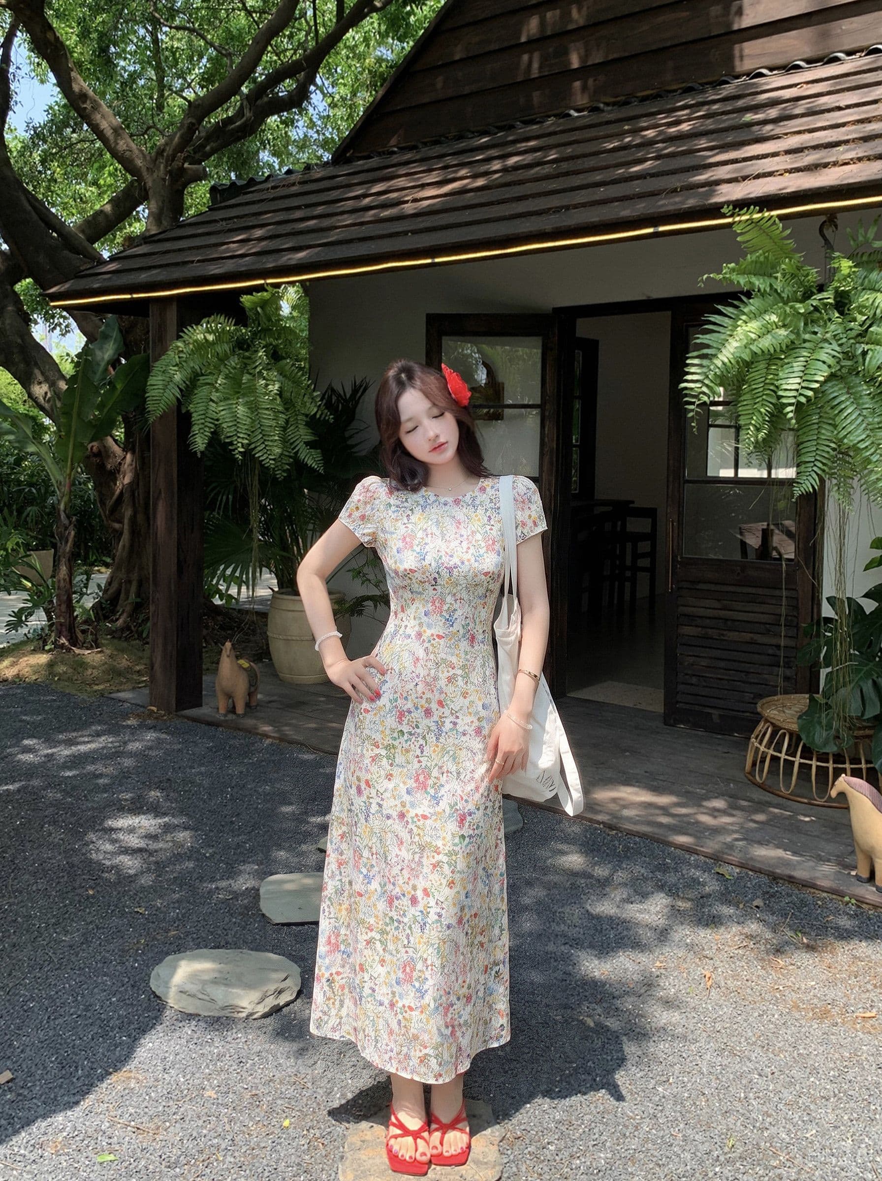 달콤한 스타일 레트로 꽃무늬 반팔 여성 드레스 여름 Chic 연령 감소 허리 수축 슬림해 보이는 미니 스커트 휴가 바람 치마 상세 이미지 10
