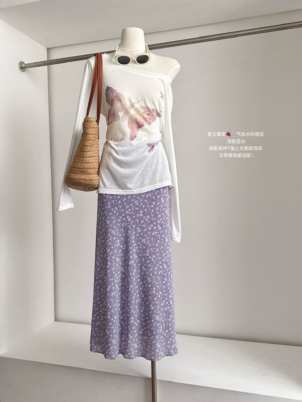 화이트 자외선 차단 블라우스 여성 나비 매듭 프린트 티셔츠 보라색 꽃무늬 반신 스커트 초여름 고유 한 아름다운 작은 세트 상세 이미지 6