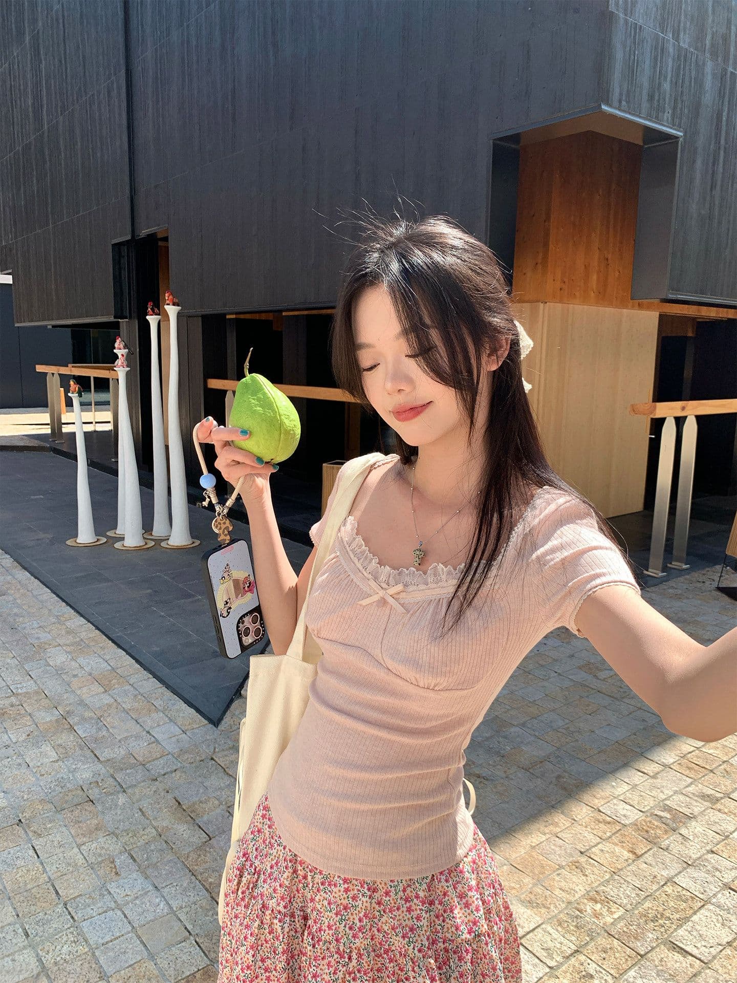 원본 원단 것 한 부서 부드러운 레이스 조각 리브 순수한 욕망 바람 핑크색 레이스 반팔 티셔츠 여성 의류 여름 이미지 4
