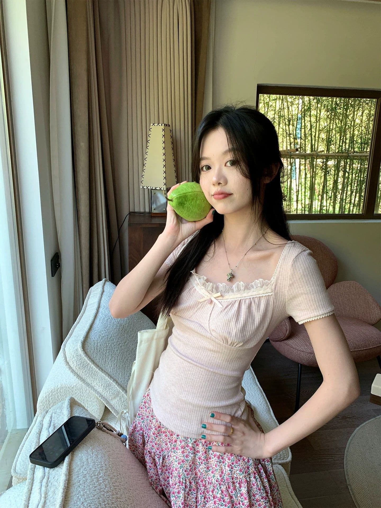 원본 원단 것 한 부서 부드러운 레이스 조각 리브 순수한 욕망 바람 핑크색 레이스 반팔 티셔츠 여성 의류 여름 이미지 3