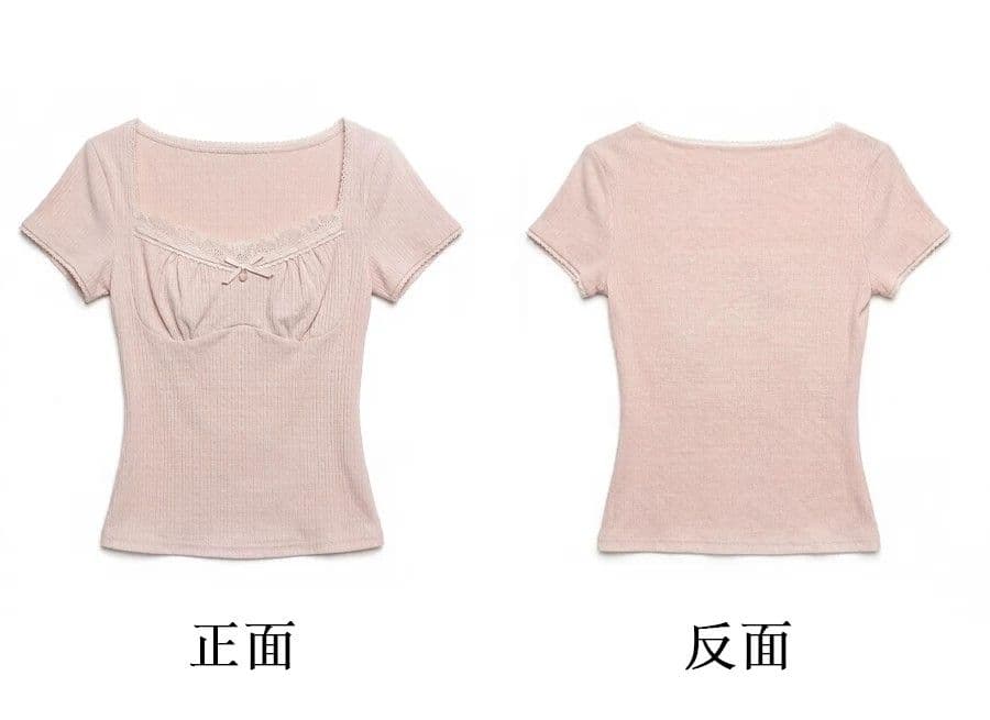 원본 원단 것 한 부서 부드러운 레이스 조각 리브 순수한 욕망 바람 핑크색 레이스 반팔 티셔츠 여성 의류 여름 상세 이미지 1