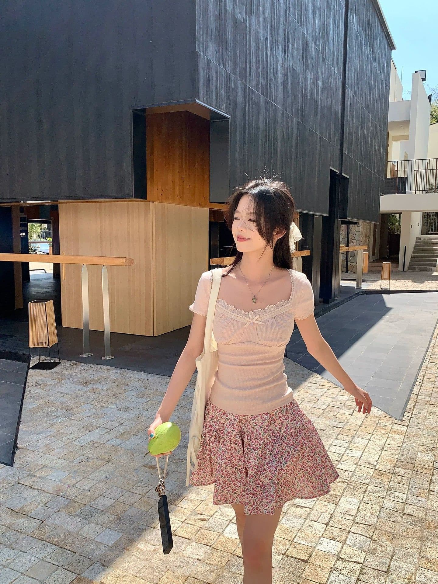 원본 원단 것 한 부서 부드러운 레이스 조각 리브 순수한 욕망 바람 핑크색 레이스 반팔 티셔츠 여성 의류 여름 상세 이미지 10
