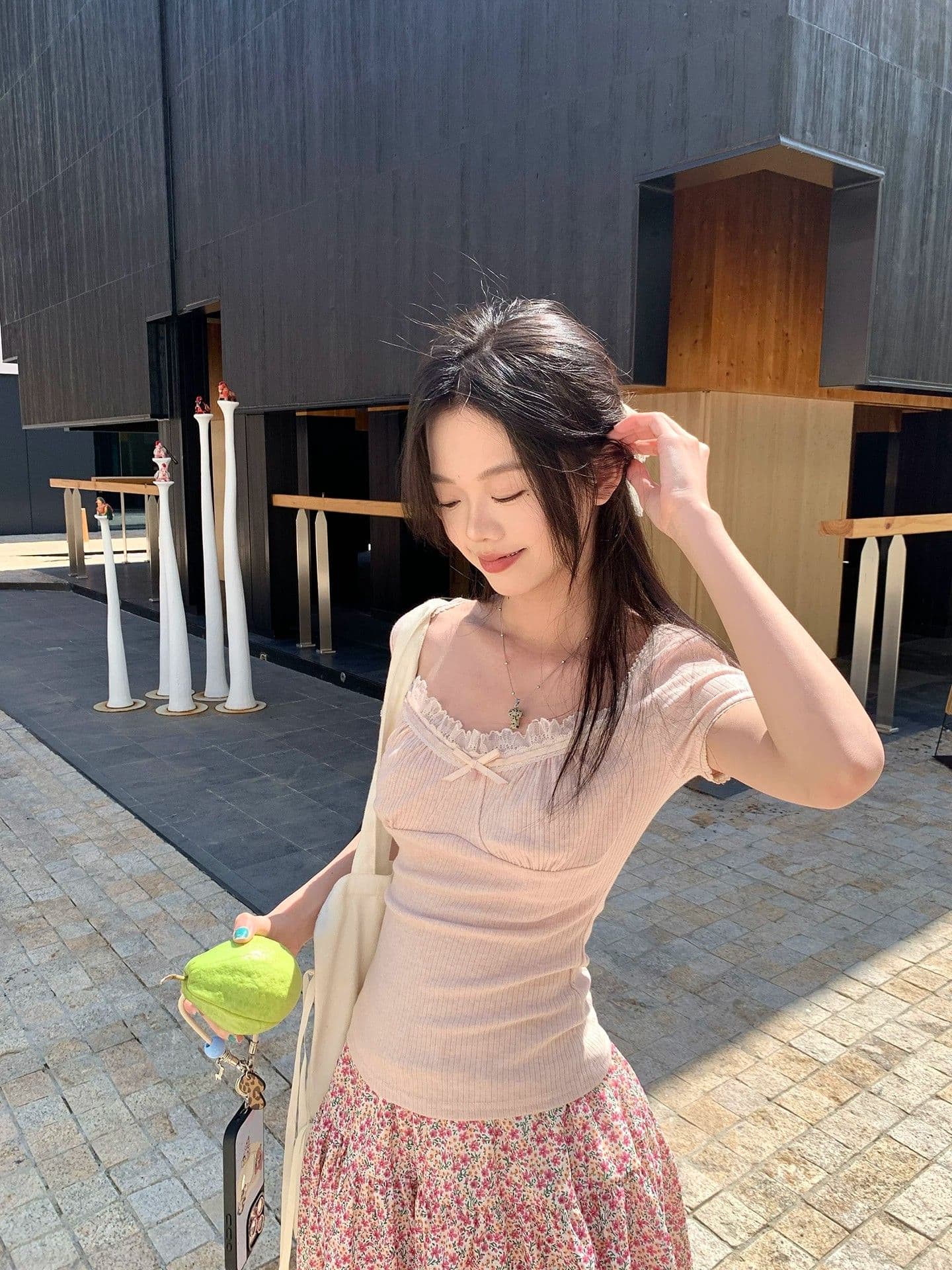 원본 원단 것 한 부서 부드러운 레이스 조각 리브 순수한 욕망 바람 핑크색 레이스 반팔 티셔츠 여성 의류 여름 상세 이미지 12