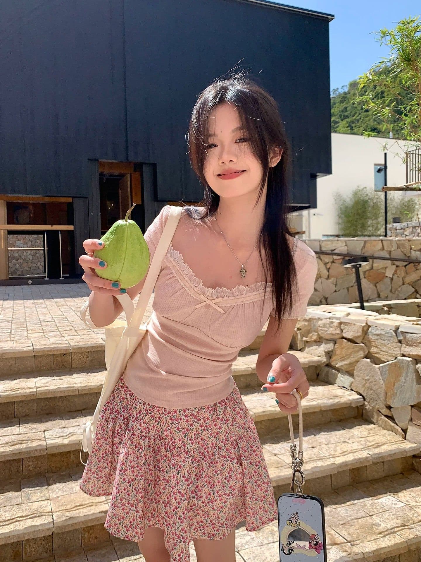 원본 원단 것 한 부서 부드러운 레이스 조각 리브 순수한 욕망 바람 핑크색 레이스 반팔 티셔츠 여성 의류 여름 상세 이미지 13