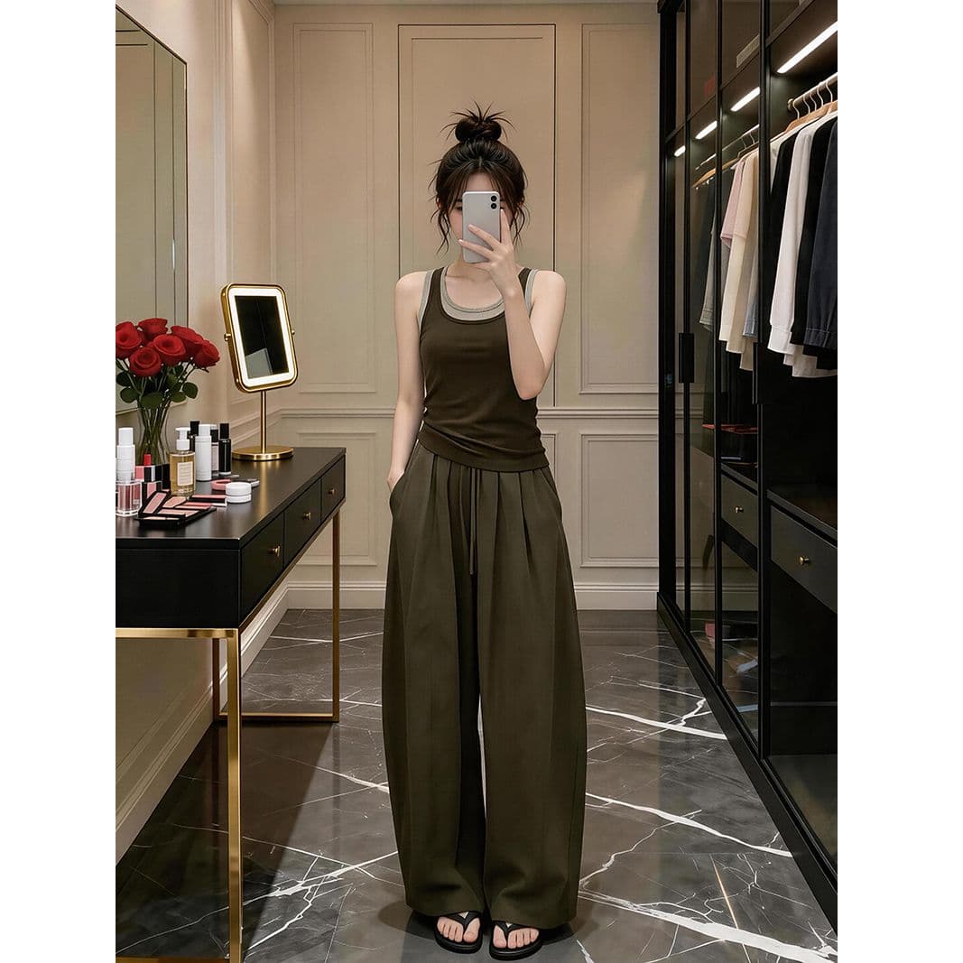 자이언트 잘 생긴 ootd 착용 가져 가라. 세트 완료 2026 새로운 페이크 레이어드 캐미솔 여름 와이드 레그 팬츠 어린이 세트 이미지 2