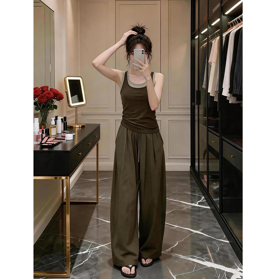 자이언트 잘 생긴 ootd 착용 가져 가라. 세트 완료 2026 새로운 페이크 레이어드 캐미솔 여름 와이드 레그 팬츠 어린이 세트 이미지 4