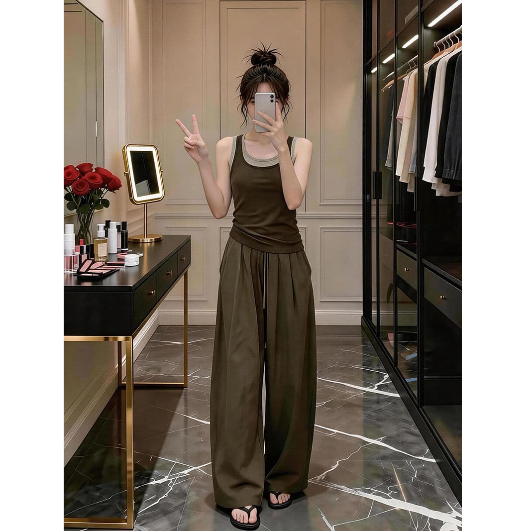 자이언트 잘 생긴 ootd 착용 가져 가라. 세트 완료 2026 새로운 페이크 레이어드 캐미솔 여름 와이드 레그 팬츠 어린이 세트