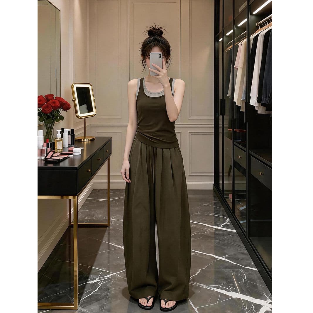 자이언트 잘 생긴 ootd 착용 가져 가라. 세트 완료 2026 새로운 페이크 레이어드 캐미솔 여름 와이드 레그 팬츠 어린이 세트 이미지 5