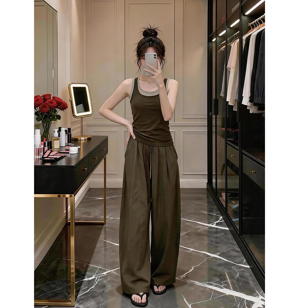 자이언트 잘 생긴 ootd 착용 가져 가라. 세트 완료 2026 새로운 페이크 레이어드 캐미솔 여름 와이드 레그 팬츠 어린이 세트 이미지 3