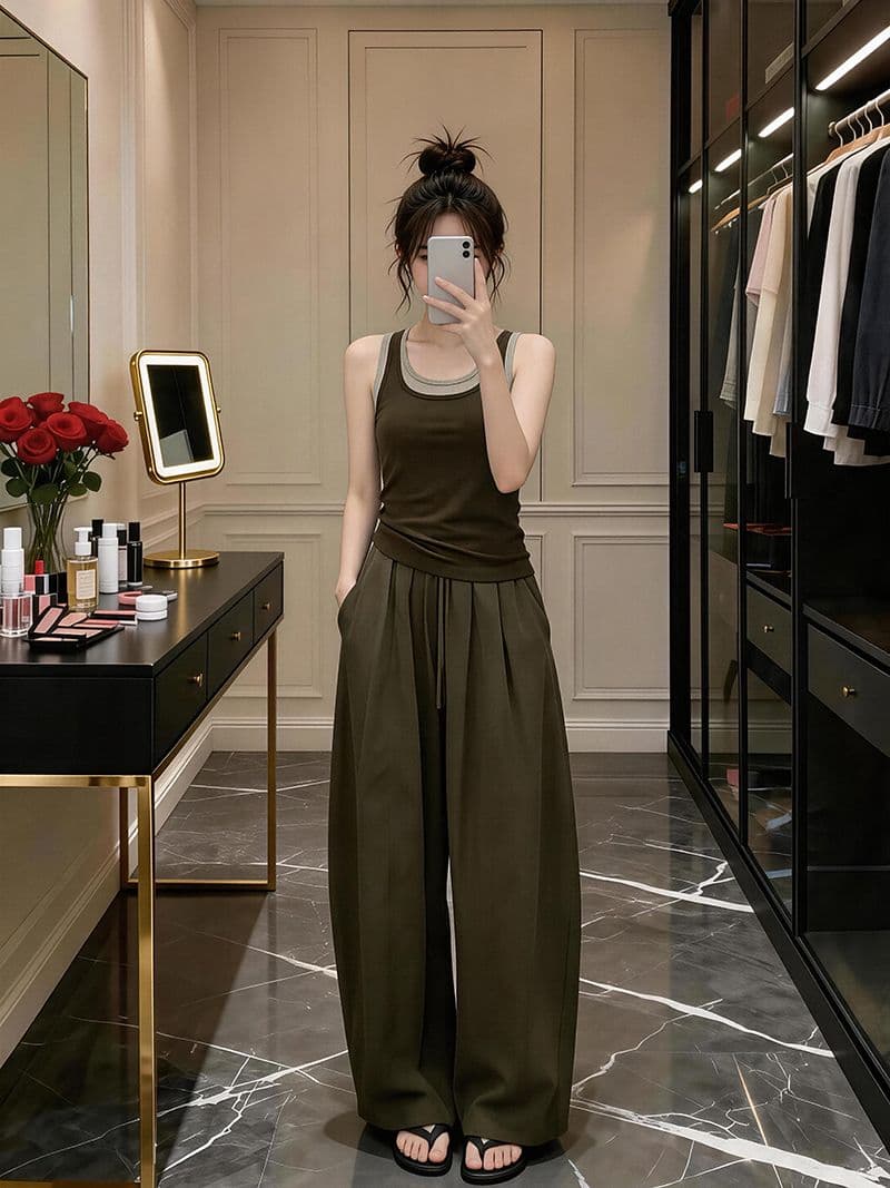 자이언트 잘 생긴 ootd 착용 가져 가라. 세트 완료 2026 새로운 페이크 레이어드 캐미솔 여름 와이드 레그 팬츠 어린이 세트 상세 이미지 1