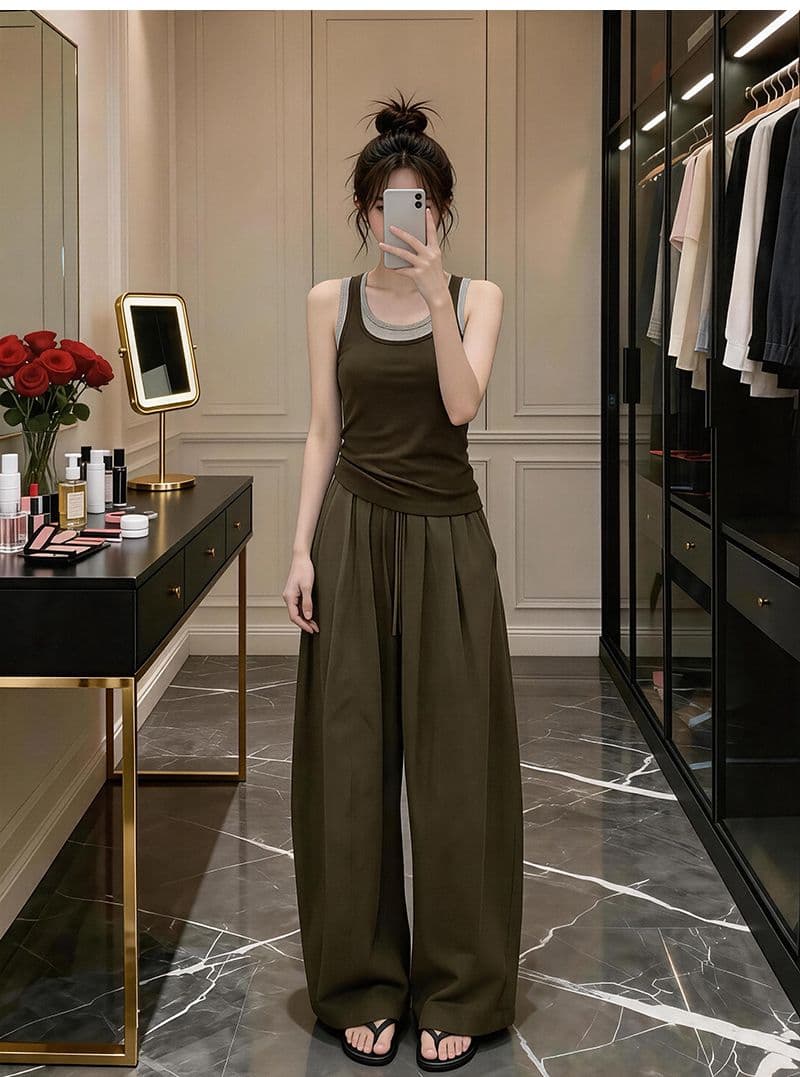 자이언트 잘 생긴 ootd 착용 가져 가라. 세트 완료 2026 새로운 페이크 레이어드 캐미솔 여름 와이드 레그 팬츠 어린이 세트 상세 이미지 2