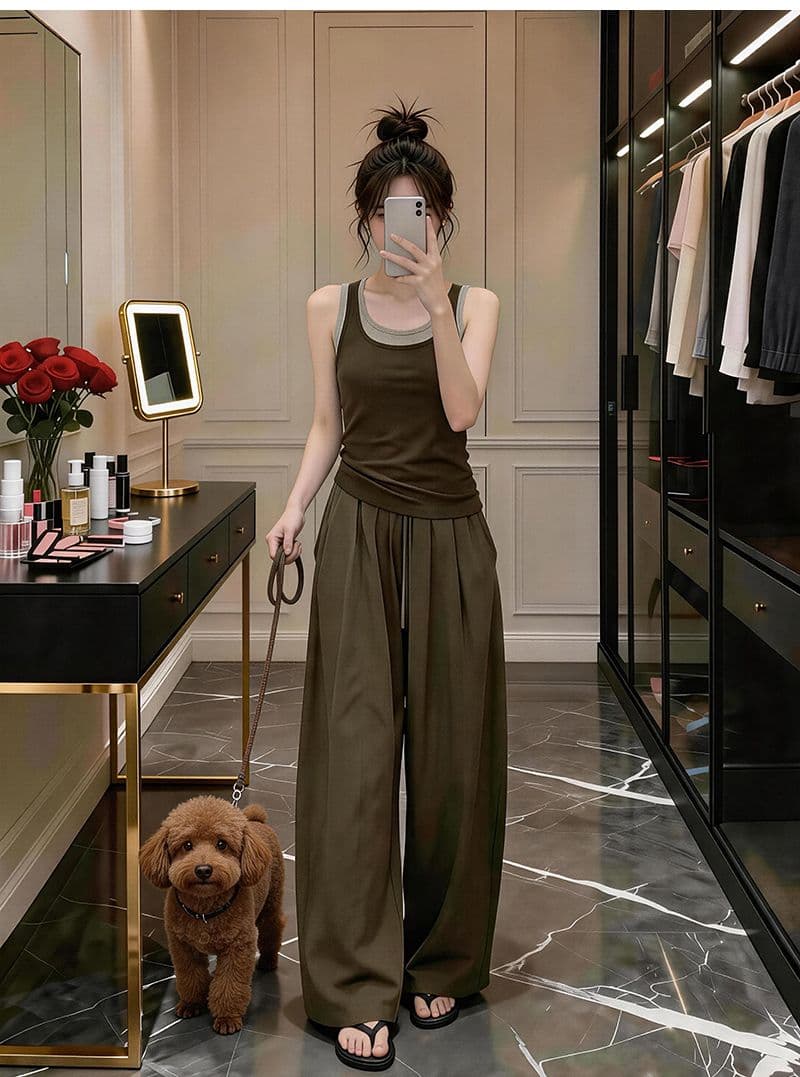 자이언트 잘 생긴 ootd 착용 가져 가라. 세트 완료 2026 새로운 페이크 레이어드 캐미솔 여름 와이드 레그 팬츠 어린이 세트 상세 이미지 5