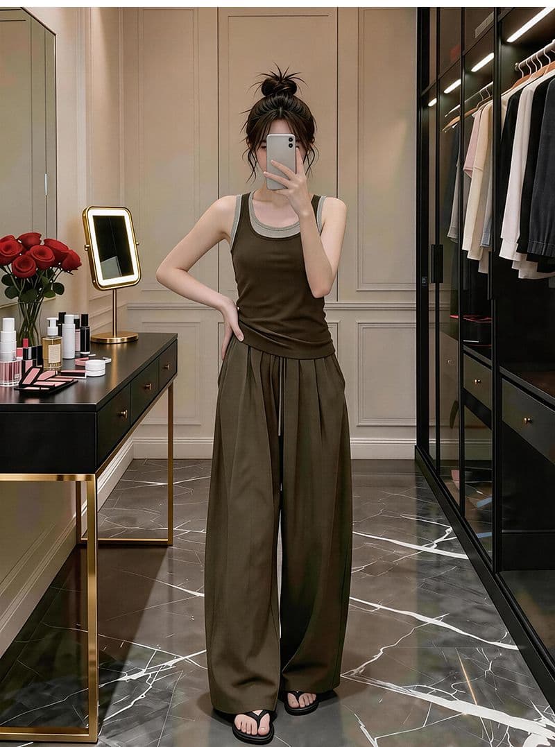 자이언트 잘 생긴 ootd 착용 가져 가라. 세트 완료 2026 새로운 페이크 레이어드 캐미솔 여름 와이드 레그 팬츠 어린이 세트 상세 이미지 6