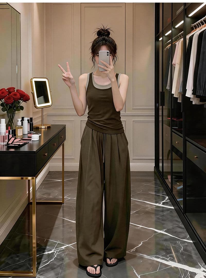 자이언트 잘 생긴 ootd 착용 가져 가라. 세트 완료 2026 새로운 페이크 레이어드 캐미솔 여름 와이드 레그 팬츠 어린이 세트 상세 이미지 7