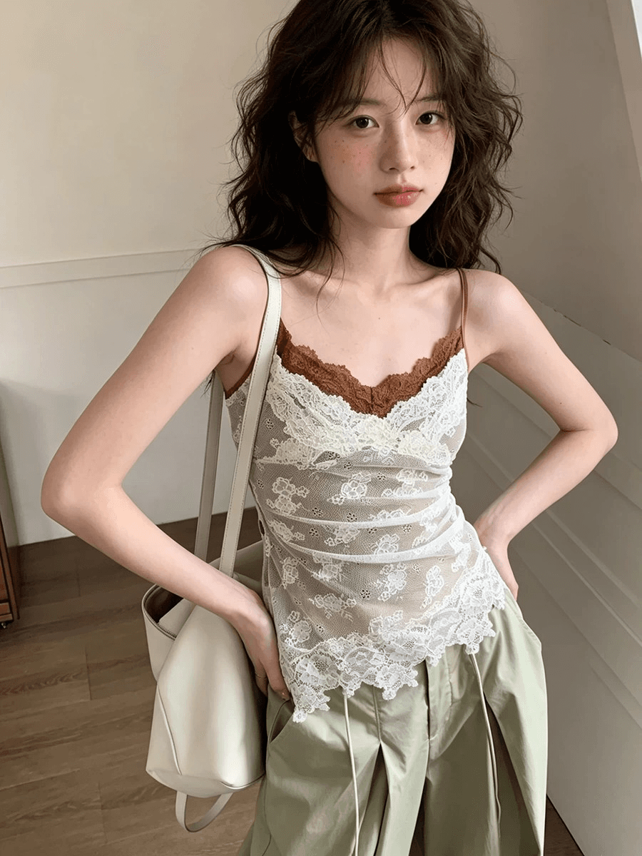 원본 원단 것 순수한 욕망 바람 배색 캐미솔 여름 레이스 조각 섹시함 페이크 레이어드 맨위 이미지 3
