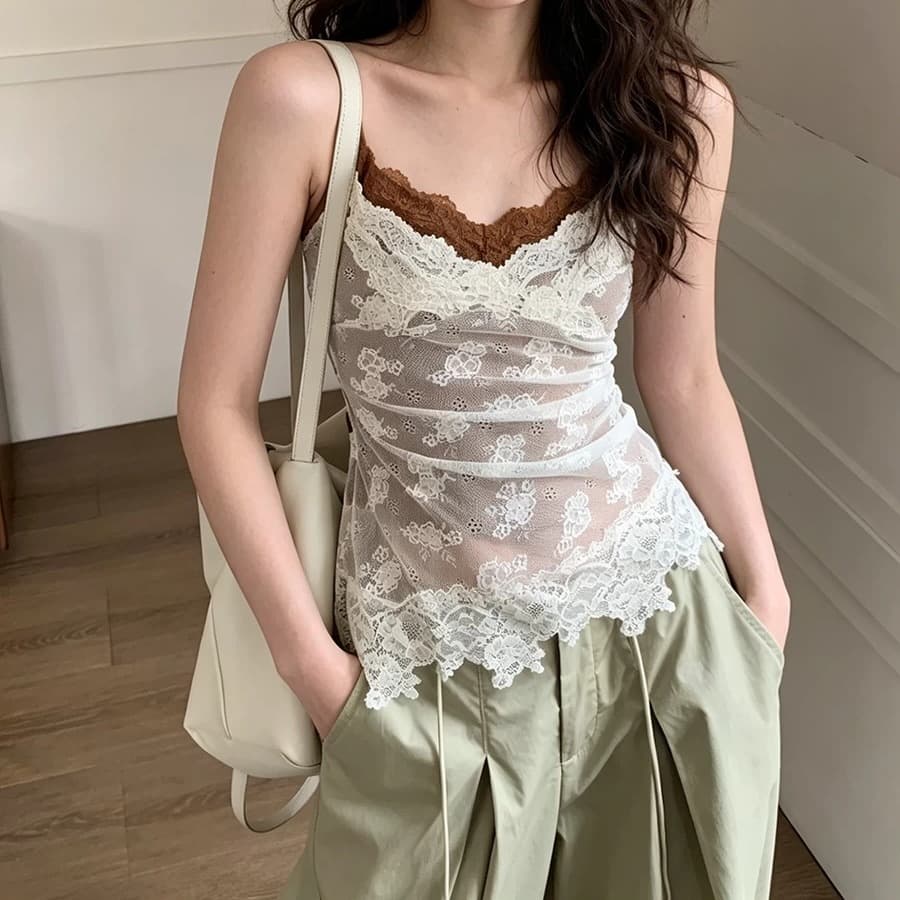 원본 원단 것 순수한 욕망 바람 배색 캐미솔 여름 레이스 조각 섹시함 페이크 레이어드 맨위 이미지 5