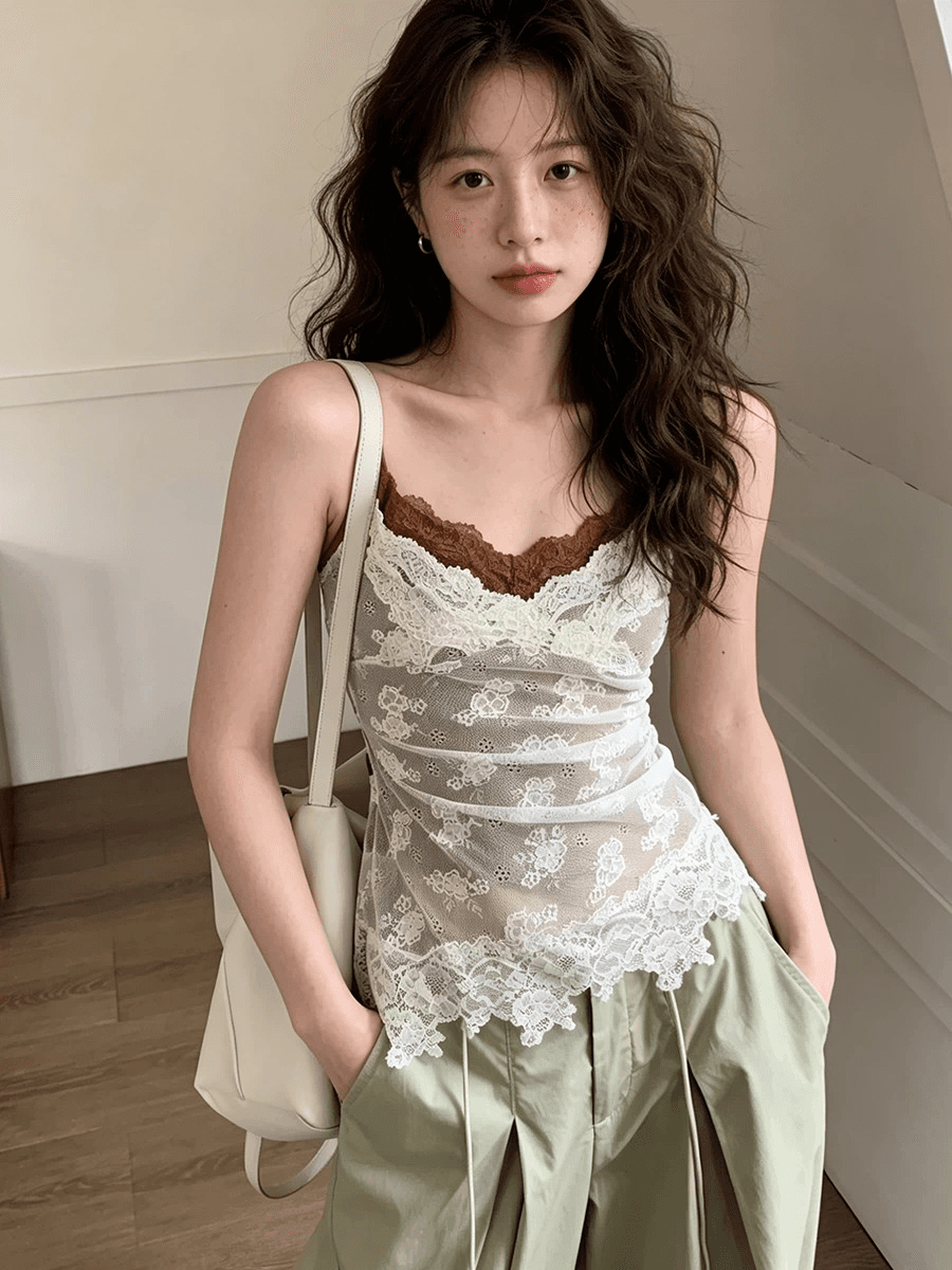 원본 원단 것 순수한 욕망 바람 배색 캐미솔 여름 레이스 조각 섹시함 페이크 레이어드 맨위 상세 이미지 1