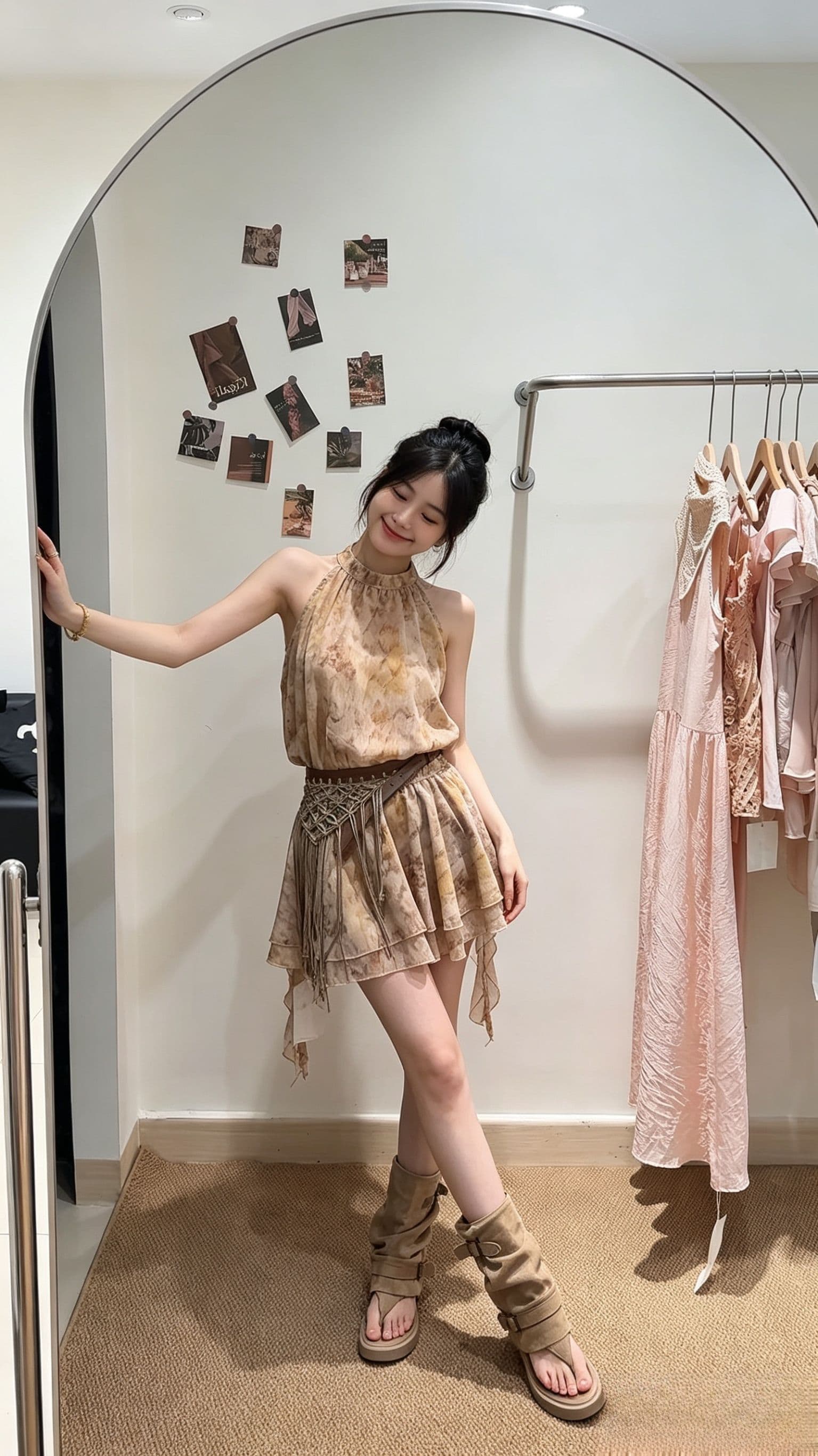 휴가 바람 행침 목 여성 드레스 여름 허리 수축 슬림해 보이는 조끼 민소매 슬립 드레스 홀치기 염색 쉬폰 미니 스커트 이미지 4