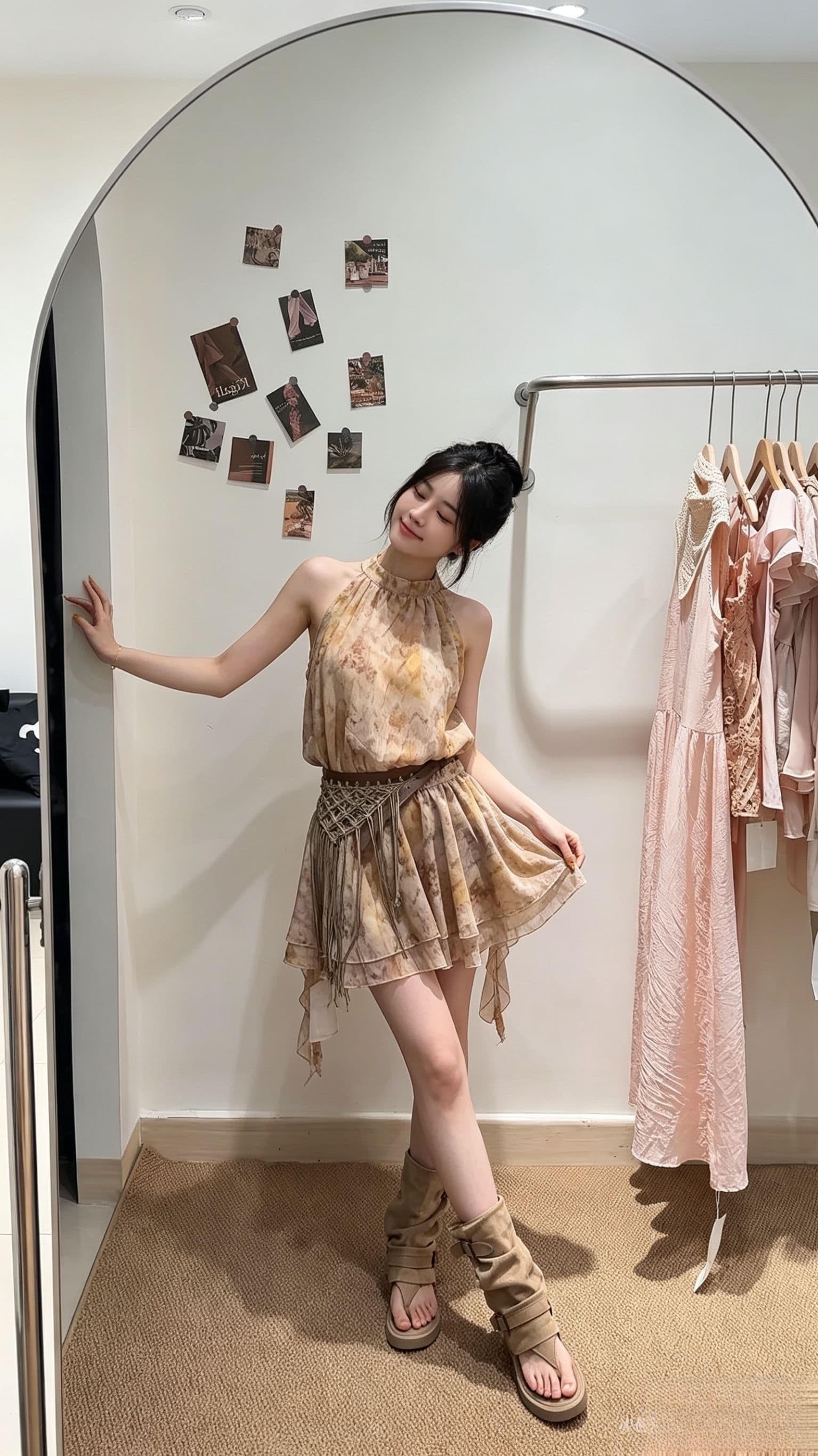 휴가 바람 행침 목 여성 드레스 여름 허리 수축 슬림해 보이는 조끼 민소매 슬립 드레스 홀치기 염색 쉬폰 미니 스커트 이미지 2