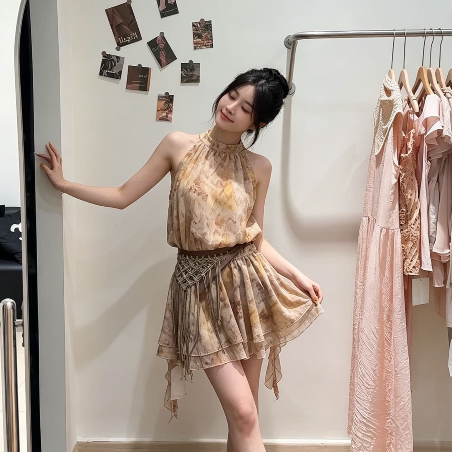 휴가 바람 행침 목 여성 드레스 여름 허리 수축 슬림해 보이는 조끼 민소매 슬립 드레스 홀치기 염색 쉬폰 미니 스커트 이미지 5
