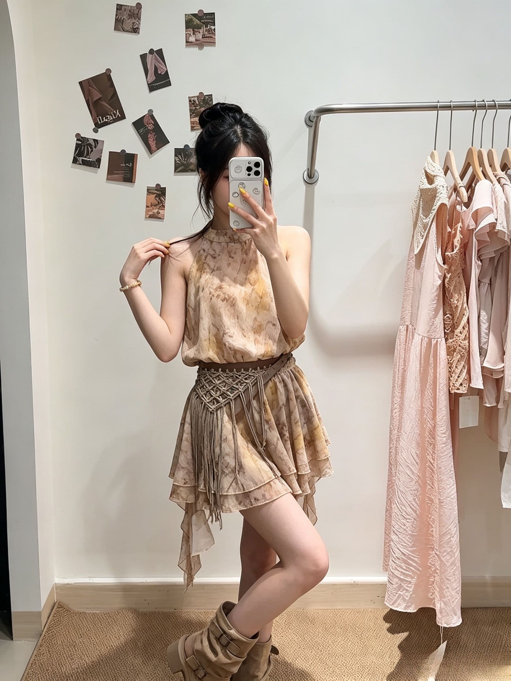 휴가 바람 행침 목 여성 드레스 여름 허리 수축 슬림해 보이는 조끼 민소매 슬립 드레스 홀치기 염색 쉬폰 미니 스커트 상세 이미지 1