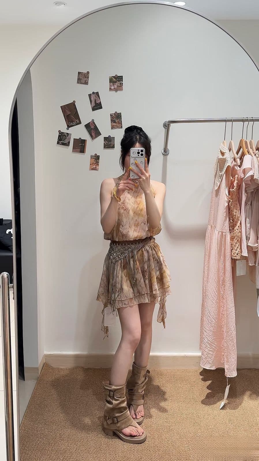 휴가 바람 행침 목 여성 드레스 여름 허리 수축 슬림해 보이는 조끼 민소매 슬립 드레스 홀치기 염색 쉬폰 미니 스커트 상세 이미지 2