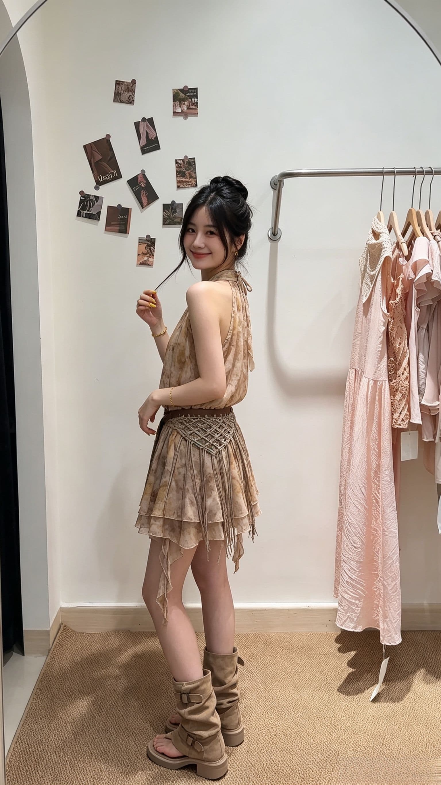 휴가 바람 행침 목 여성 드레스 여름 허리 수축 슬림해 보이는 조끼 민소매 슬립 드레스 홀치기 염색 쉬폰 미니 스커트 상세 이미지 6