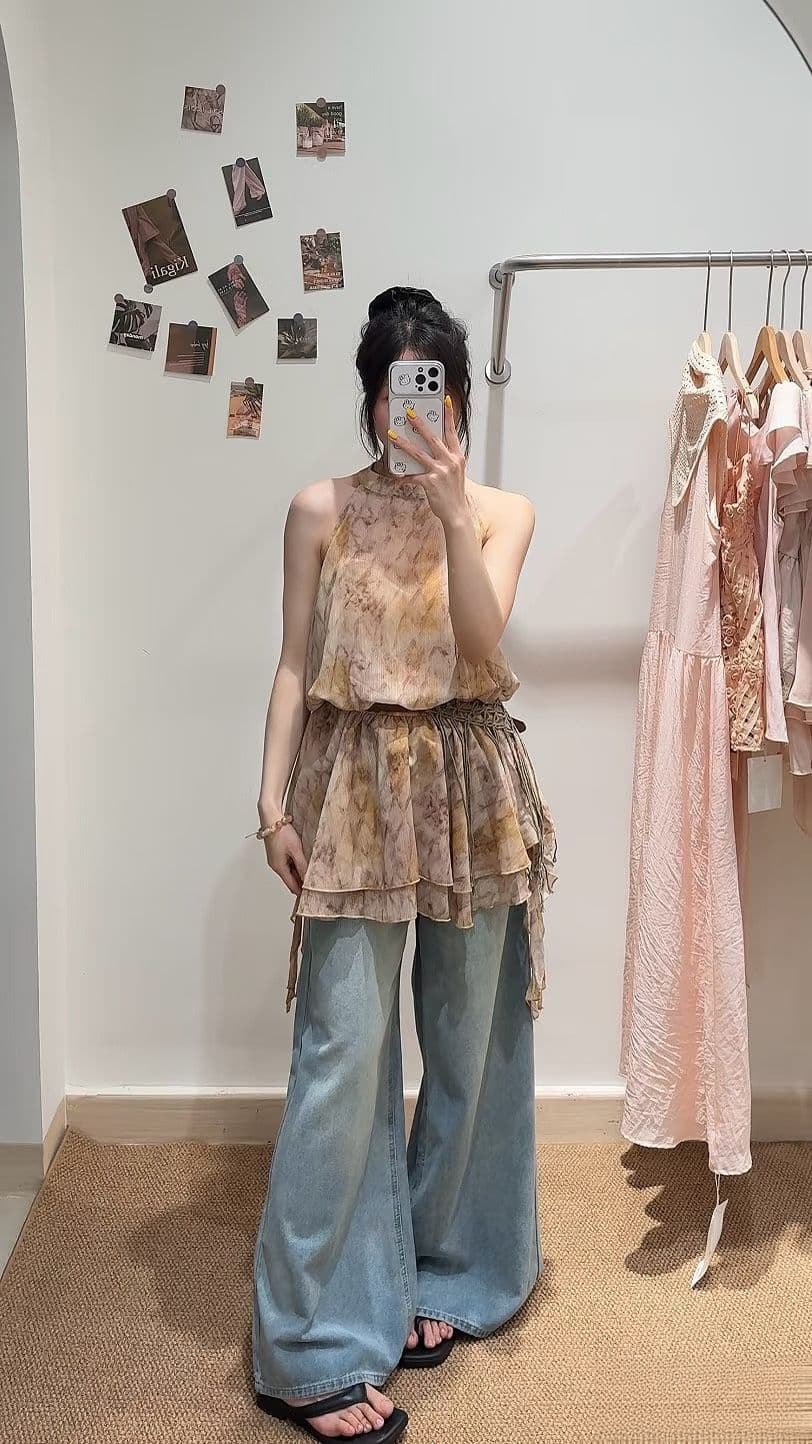 휴가 바람 행침 목 여성 드레스 여름 허리 수축 슬림해 보이는 조끼 민소매 슬립 드레스 홀치기 염색 쉬폰 미니 스커트 상세 이미지 7